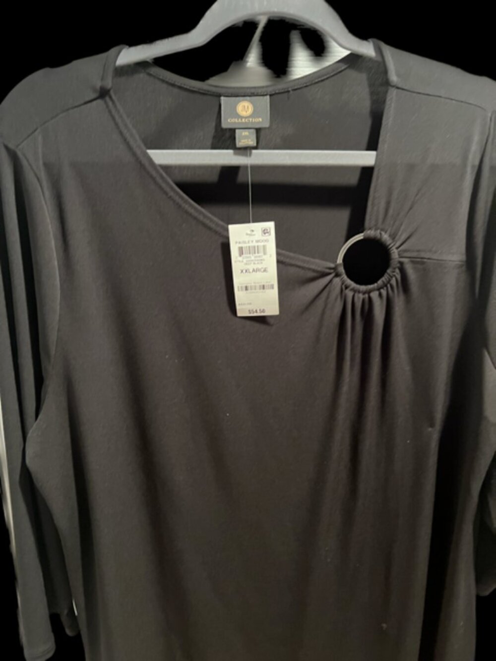 NEW WITH TAG, Womens XL Black Jersey Top, 3/4 sleeves, covers hips, angled front